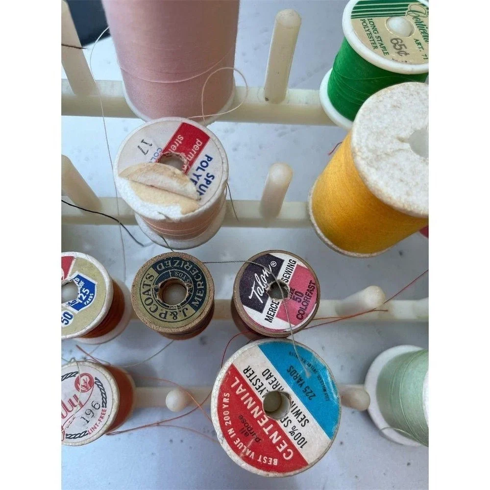 Vintage Sewing Thread Organizer with Assorted Spools Multi-Color